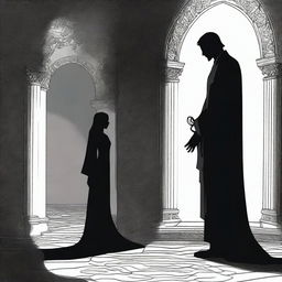 A man looking at a beautiful woman with the shadow of Asmodeus beneath her feet