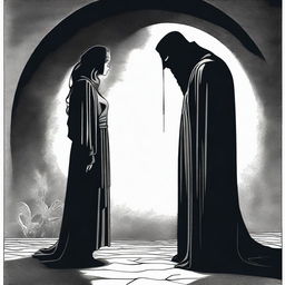 A man looking at a beautiful woman with the shadow of Asmodeus beneath her feet