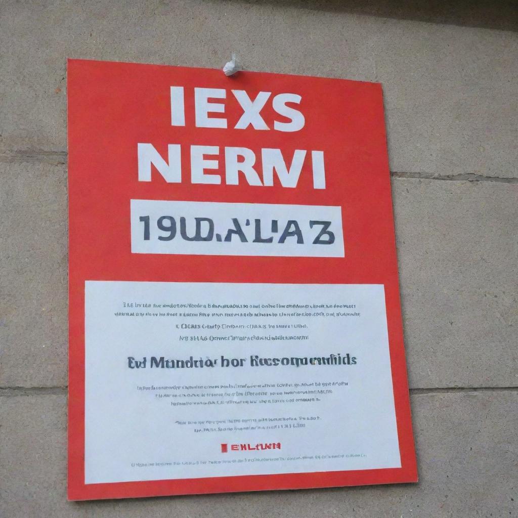 A bright red flyer for a news event displayed on a plaque