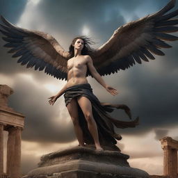 A harpy from Greek mythology with majestic wings, sharp claws, and a fierce expression