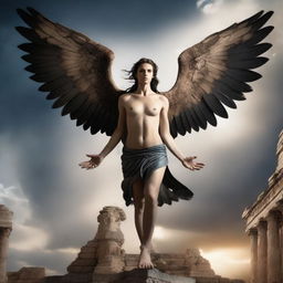 A harpy from Greek mythology with majestic wings, sharp claws, and a fierce expression