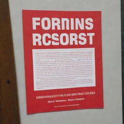 A bright red flyer for a news event displayed on a plaque