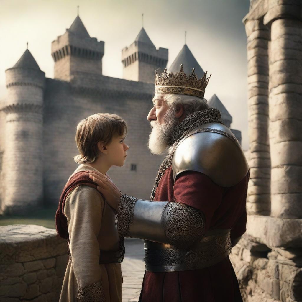 An angry king with a furious expression sees his 15-year-old son kissing a boy in a medieval setting