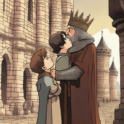 An angry king with a furious expression sees his 15-year-old son kissing a boy in a medieval setting