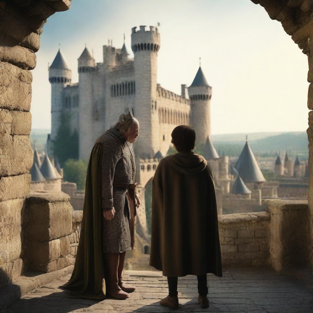 An angry king watching from afar as his 15-year-old son kisses a 14-year-old boy in a medieval setting