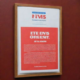 A bright red flyer for a news event displayed on a plaque