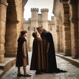 An angry king watching from afar as his 15-year-old son kisses a 14-year-old boy in a medieval setting