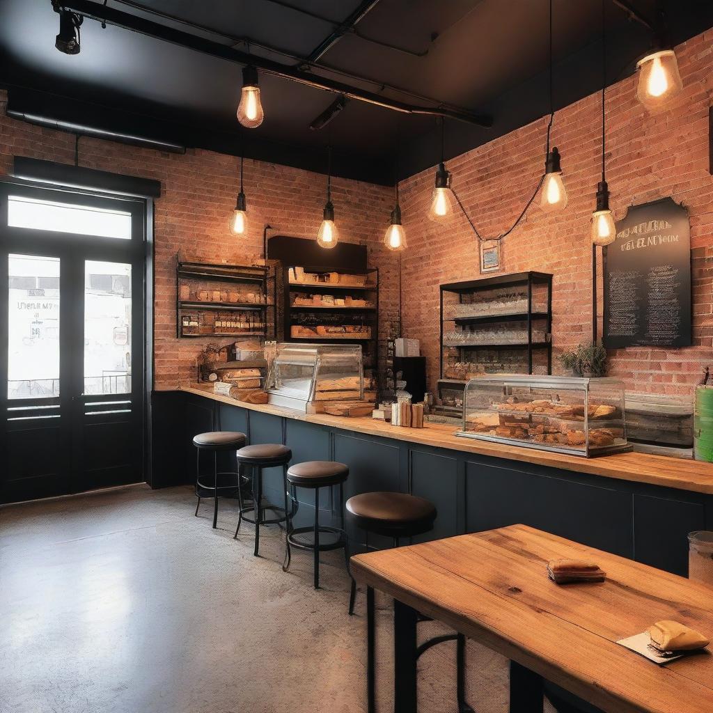 A cozy rustic café with industrial-style decorations