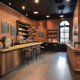 A cozy rustic café with industrial-style decorations