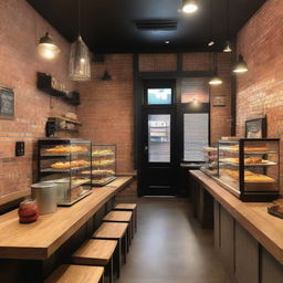 A rustic café featuring industrial-style decorations, including exposed brick walls, metal light fixtures, and wooden tables