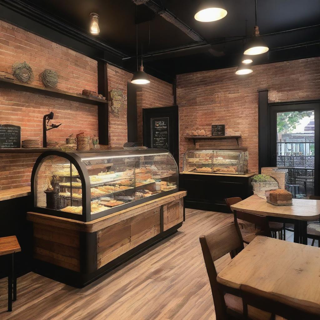 A rustic café featuring industrial-style decorations, including exposed brick walls, metal light fixtures, and wooden tables