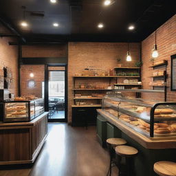 A rustic café featuring industrial-style decorations, including exposed brick walls, metal light fixtures, and wooden tables