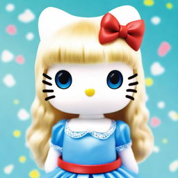 A white Hello Kitty with long, straight, blonde hair, wearing a red bow on top of her head