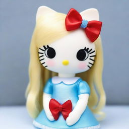 A white Hello Kitty with long, straight, blonde hair, wearing a red bow on top of her head