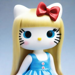 A white Hello Kitty with long, straight, blonde hair, wearing a red bow on top of her head