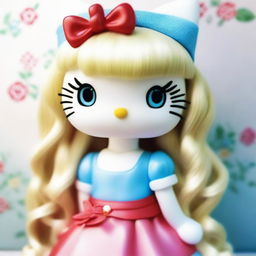 A white Hello Kitty with long, straight, blonde hair, wearing a red bow on top of her head