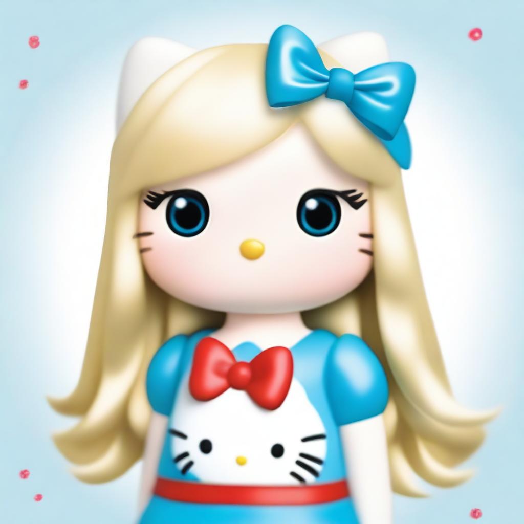 A white Hello Kitty with long, straight, blonde hair, wearing a red bow in the middle on top of her hair