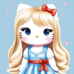 A white Hello Kitty with long, straight, blonde hair, wearing a red bow in the middle on top of her hair