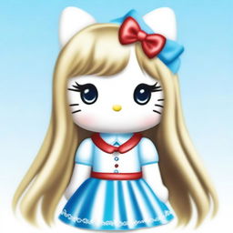 A white Hello Kitty with long, straight, blonde hair, wearing a red bow in the middle on top of her hair