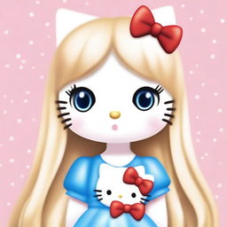 A white Hello Kitty with long, straight, blonde hair, wearing a red bow in the middle on top of her hair