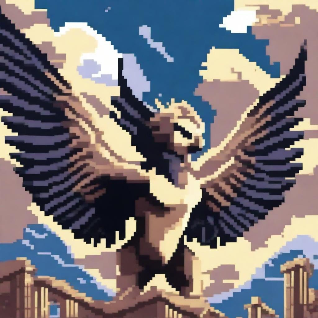 A harpy from Greek mythology depicted in pixel art style, soaring through the sky