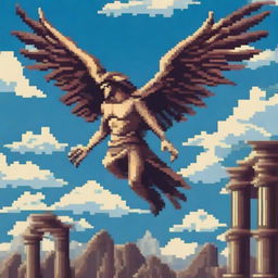 A harpy from Greek mythology depicted in pixel art style, soaring through the sky