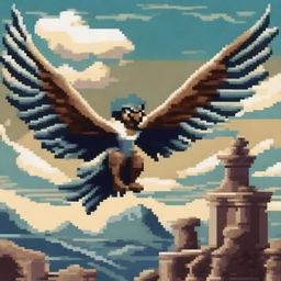 A harpy from Greek mythology depicted in pixel art style, soaring through the sky