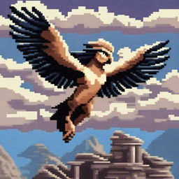 A harpy from Greek mythology depicted in pixel art style, soaring through the sky