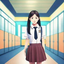 A stylish Asian woman wearing a school uniform with a skirt, standing confidently