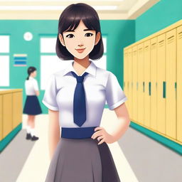 A stylish Asian woman wearing a school uniform with a skirt, standing confidently