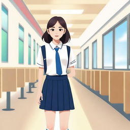 A stylish Asian woman wearing a school uniform with a skirt, standing confidently