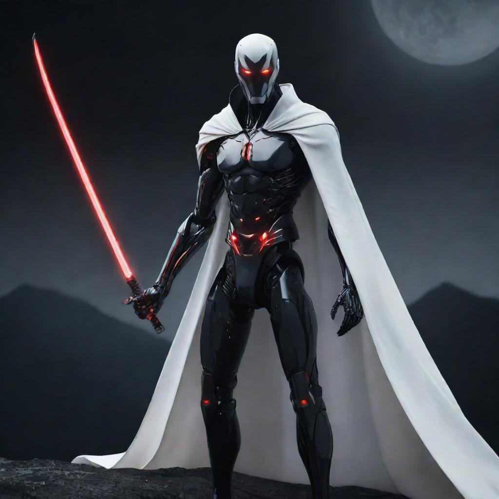 A slender, defined, black and white cyborg with glowing red eyes, clad in a white cape, wielding a katana. He has long, tied-back hair and stands atop a moonlit mountain at night in a dark atmosphere.