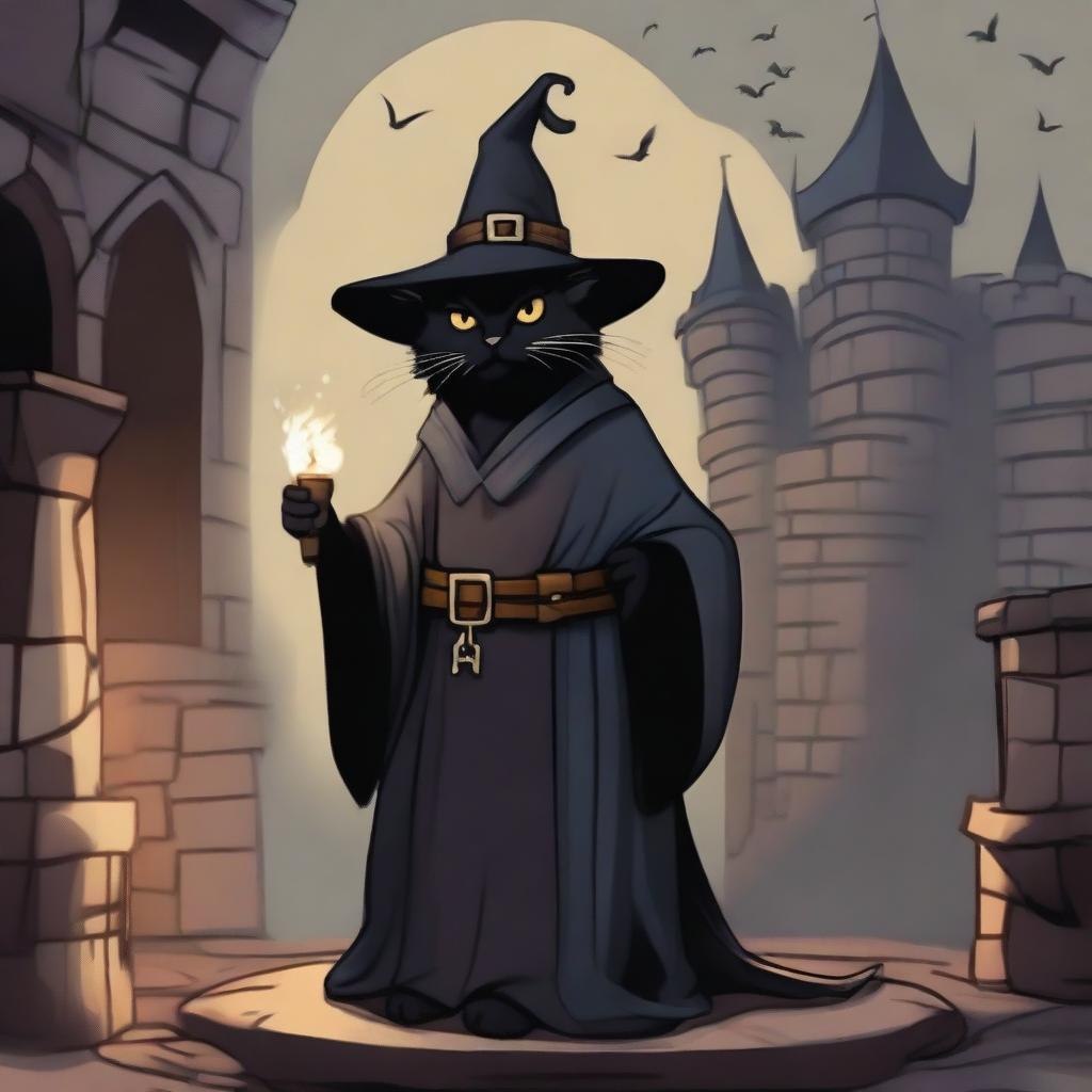 A black cat sorcerer in a robe and magic hat stands in a castle, surrounded by mice