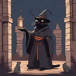 A black cat sorcerer in a robe and magic hat stands in a castle, surrounded by mice