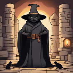 A black cat sorcerer in a robe and magic hat stands in a castle, surrounded by mice