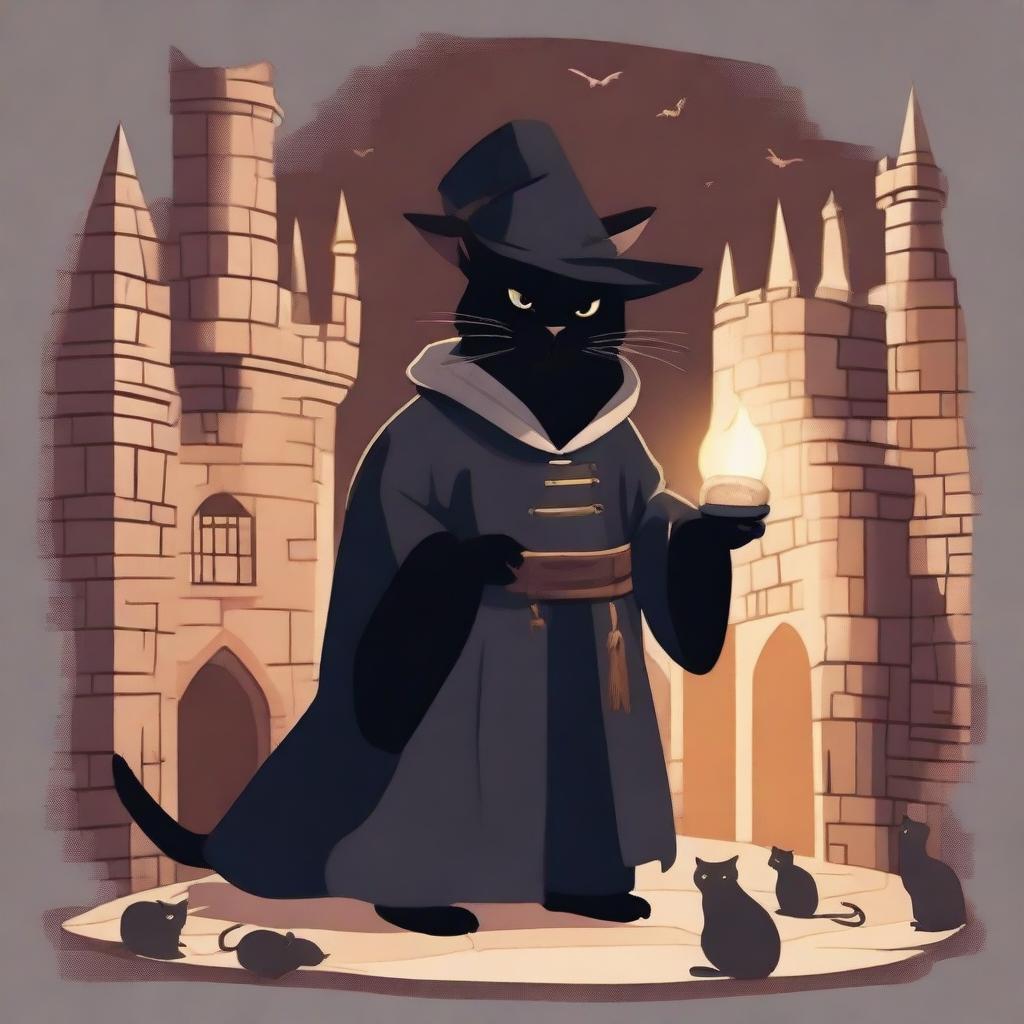 A black cat sorcerer in a robe and magic hat stands in a castle, surrounded by mice