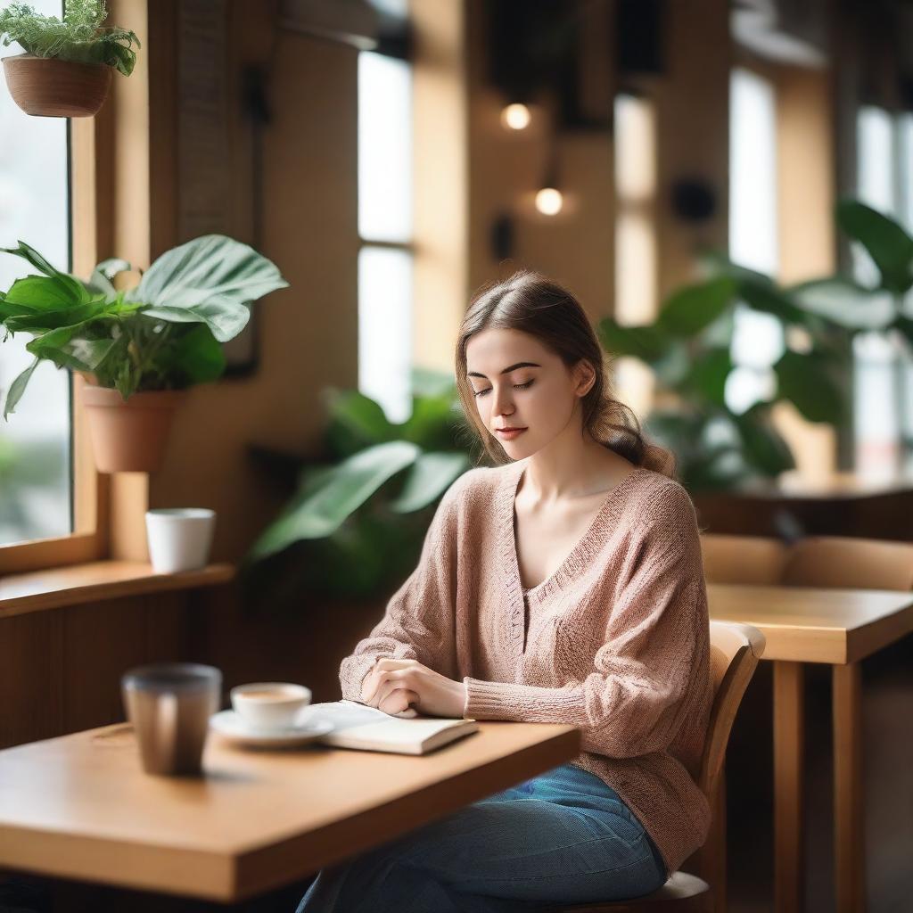 A young woman sitting in a cozy café, enjoying her coffee