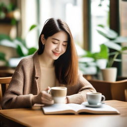 A young woman sitting in a cozy café, enjoying her coffee