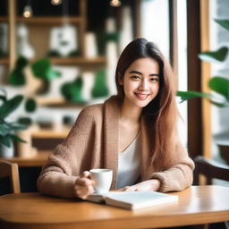 A young woman sitting in a cozy café, enjoying her coffee