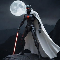 A slender, defined, black and white cyborg with glowing red eyes, clad in a white cape, wielding a katana. He has long, tied-back hair and stands atop a moonlit mountain at night in a dark atmosphere.