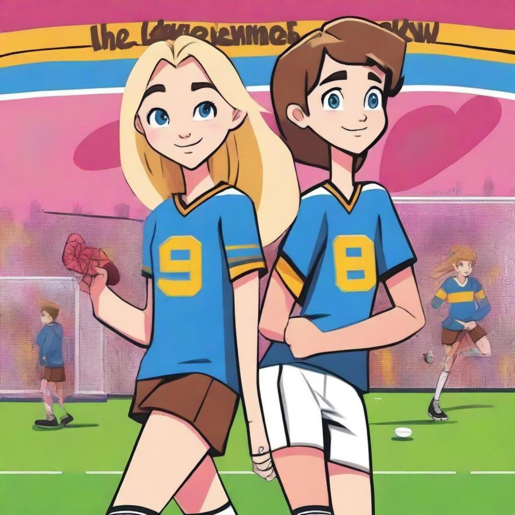 A vibrant cartoon book cover featuring a 17-year-old blonde girl and a 17-year-old boy with brown hair