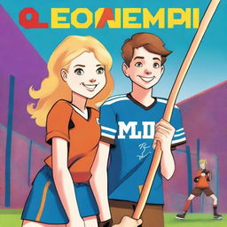 A vibrant cartoon book cover featuring a 17-year-old blonde girl and a 17-year-old boy with brown hair