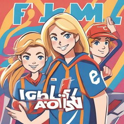 A vibrant cartoon book cover featuring a 17-year-old blonde girl and a 17-year-old boy with brown hair