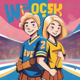 A vibrant cartoon book cover featuring a 17-year-old blonde girl and a 17-year-old boy with brown hair