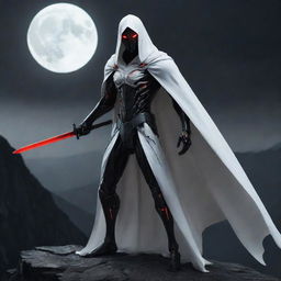 A slender, defined, black and white cyborg with glowing red eyes, clad in a white cape, wielding a katana. He has long, tied-back hair and stands atop a moonlit mountain at night in a dark atmosphere.