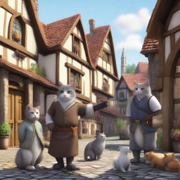 A large, fantasy medieval town where cats and men coexist