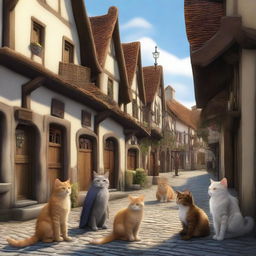 A large, fantasy medieval town where cats and men coexist