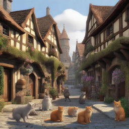 A large, fantasy medieval town where cats and men coexist