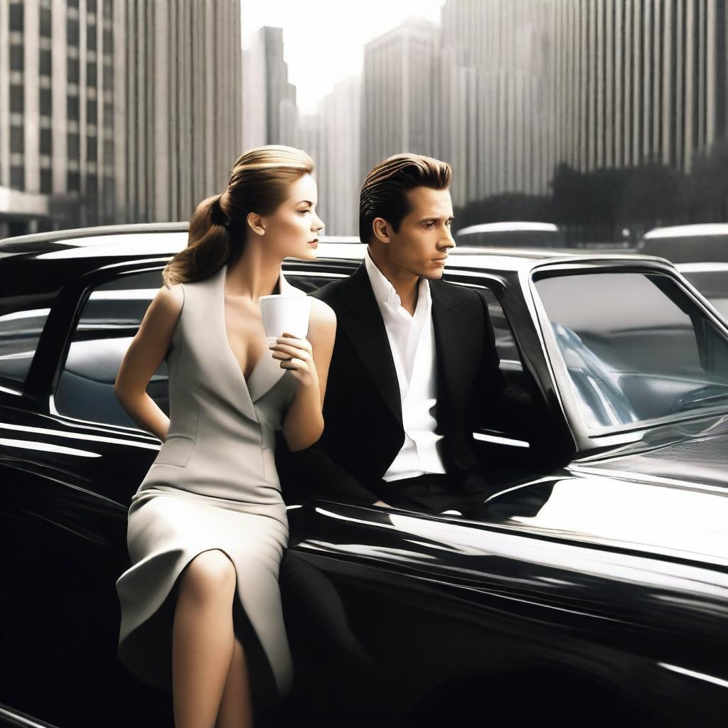 A young woman drinking coffee and looking at a wealthy man in a car