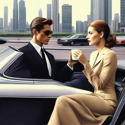 A young woman drinking coffee and looking at a wealthy man in a car